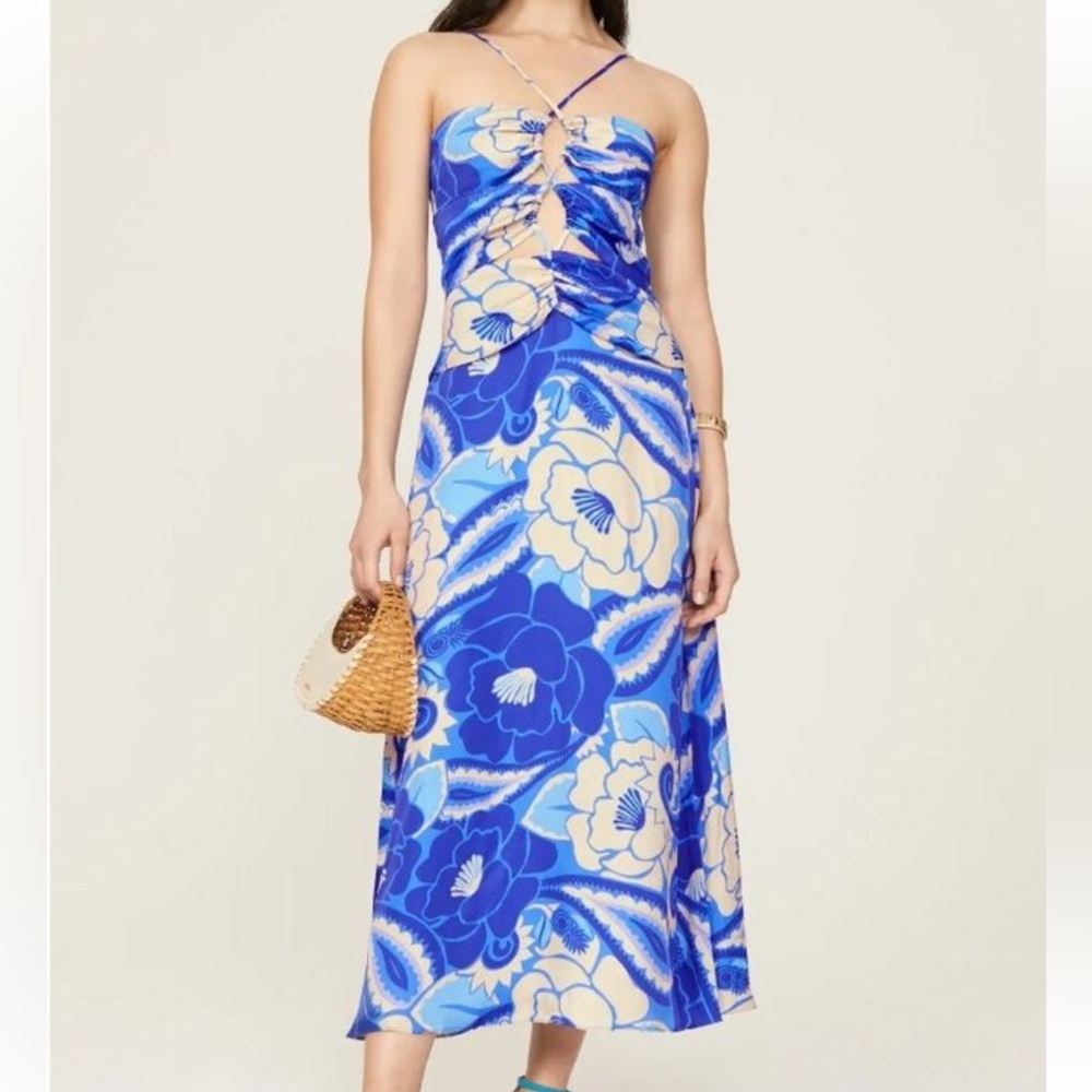 FARm Rio Tropical Groovy Blue and Cream Floral Midi Maxi Dress Size Large